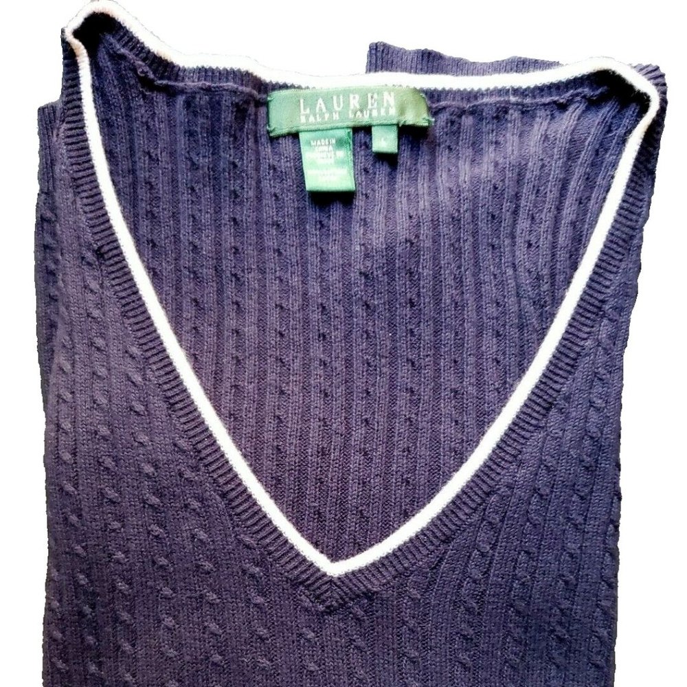Lauren Ralph Lauren L Navy Cotton Cable Knit V-neck Pullover